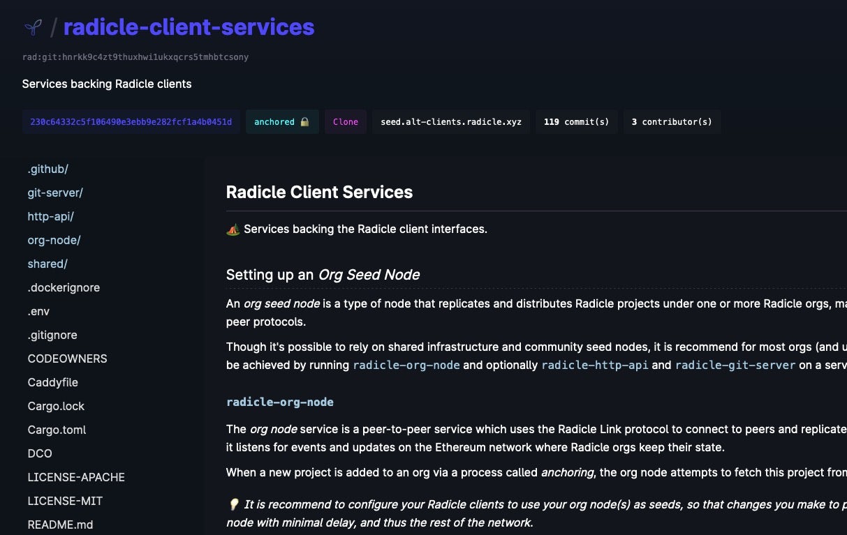An anchored project on app.radicle.network